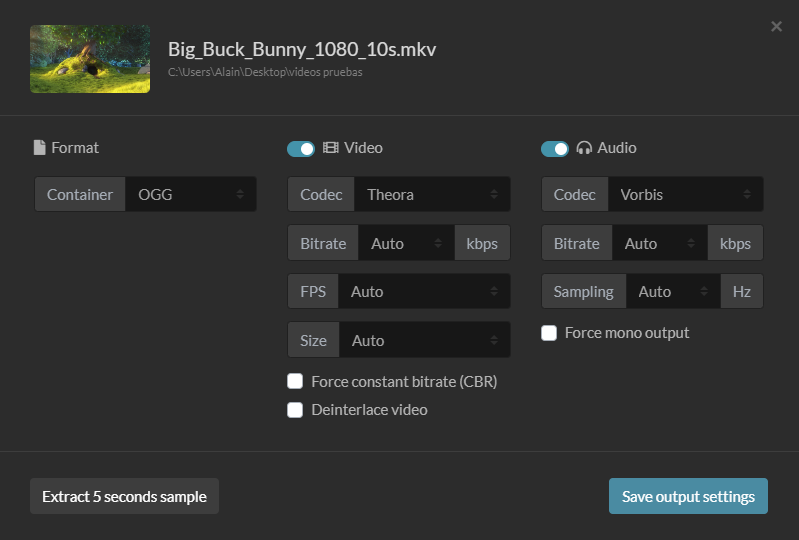 Convirtiendo un vídeo a formato OGG con códec de vídeo Theora y códec de audio Vorbis.