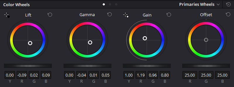 Ruedas de color en DaVinci Resolve.